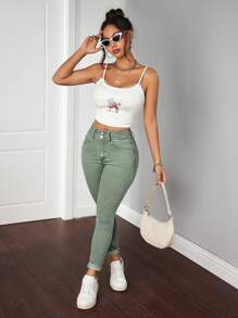 SHEIN PETITE Women's Button Front Pocket Simple Skinny Casual Denim Jeans - Army Green - View 4