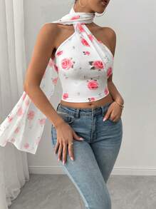 Chiquease Women's Elegant Romantic Rose Flower Mesh Print Floral Ribbon Elastic Fitted Camisole - Pink - View 5