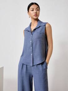 EastFlair 2pcs Women's Solid Color Sleeveless Button Up Shirt And Pants Set - Blue - View 7