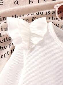 2pcs/Set Young Girl Ribbed Cap Sleeve Ruffle Hem 2 In 1 Beaded Shorts Autumn Outfit - Pink - View 3