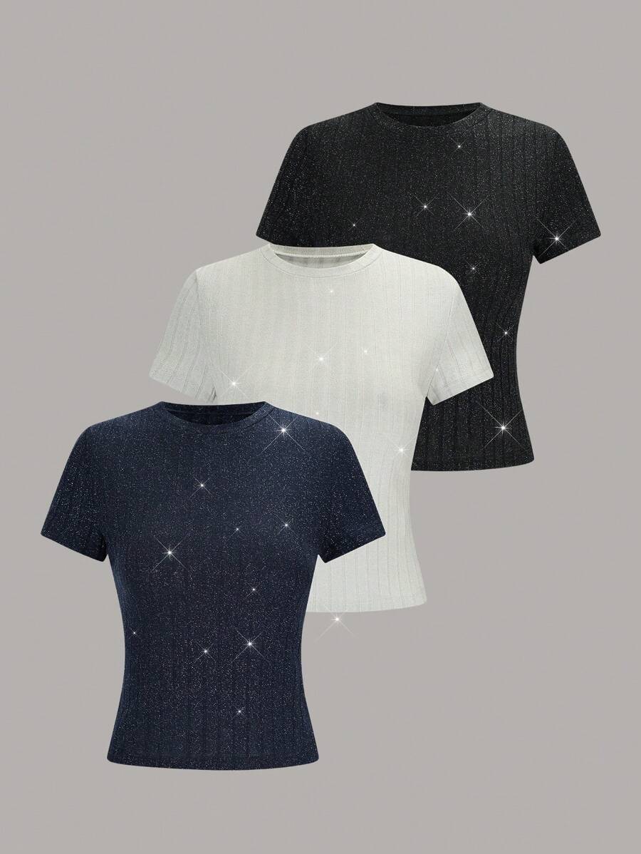 SHEIN LUNE 女士圆领短袖修身 T 恤，简约休闲日常穿着 - 彩色 - 查看 1