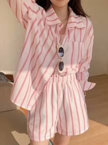 DAZY 2pcs Women Loose Striped Shirt And Shorts Set,Fall Women Clothes Lounge Sets For Women - Pink - View 10