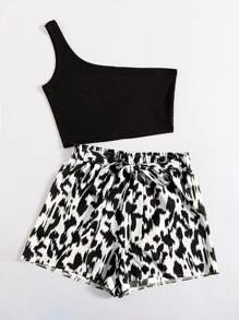 SHEIN VCAY Plus One Shoulder Top & Allover Print Belted Summer Shorts