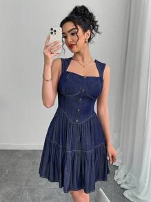 SHEIN Unity Casual Denim Effect Cinched Waist Sleeveless Dress - Blue - View 3