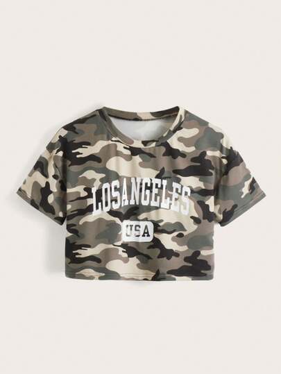 T-shirt court style urbain imprimé camouflage avec lettres