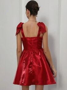Aveloria Rosie French Style Romantic Delicate Glitter Mesh Bowknot Tie Shoulder Heart Shaped Ruffle Waist Mini Red Dress, Lightweight Spring Occasion Wear For Valentine's Day