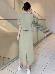 DAZY Women's Plain Short Sleeve Suit Dress, Elegant Summer Suit Set