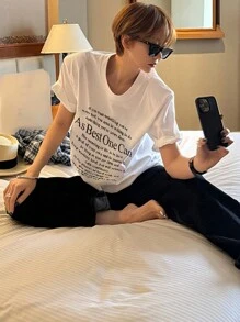 DAZY 女士宽松圆领字母印花 T 恤，休闲时尚，适合日常穿着 - 白色 - 查看 5