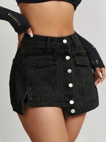 SHEIN PETITE Women's Solid Color Front Button Pocket Simple Casual Denim Shorts