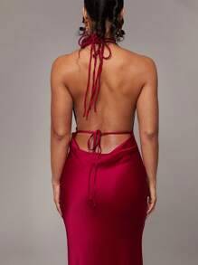 Silquee Robe élégante, sexy et romantique pour une soirée, col drapé en satin Top de gamme avec fleurs 3D pour femmes - Rouge - Voir 8