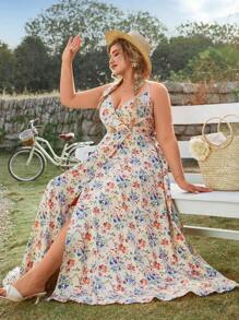SHEIN VCAY Plus Size Boho Floral Print Slip Dress With Side Slit Hem, For Summer