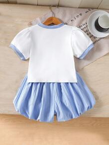 SHEIN Uroczy dziewczęcy zestaw 2 szt.: bluzka z falbaniastymi rękawami i okrągłym dekoltem + spodnie w kształcie latarni, niebieski