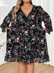 SHEIN CURVE+ Plus Size Women's Printed Ruffled Sleeve Pleated Dress Boho Vacation