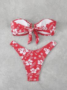 Swim Mod Women Flower Print Simple Bandeau Bikini Top And Bottom Set, For Summer Beach Vacation - Red - View 2