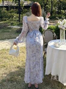 DAZY Women Flower Printed Vacation Beach Dress, Blue, Spring/Summer Floral,Ruffle - Blue - View 2