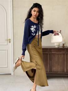 EastFlair Blusa casual de manga larga con bordado floral y lazo delantero, para uso diario