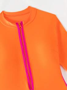 Swim SPRTY Springbreak Women's One-Piece Swimsuit, Long Sleeve Zip-Up Rash Guard, Orange Jumpsuit Beach Resort Swimwear, Surfing Suit For Summer Beach Vacation - Burnt Orange - View 6