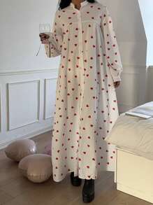 SHEIN Essnce Women's Valentine's Day Red Heart Print Full Heart Print Front Button Super Loose Long Dress,Shirt Dress,For Summer/Spring 2025 New