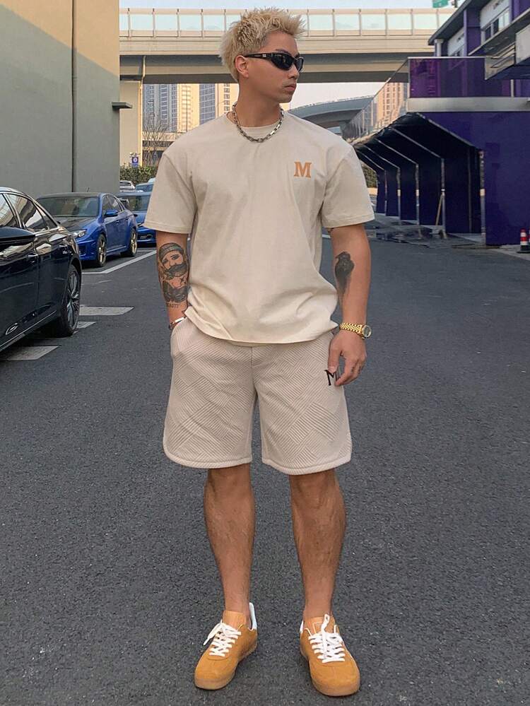 2pcs Men's Printed T-Shirt And Textured Shorts Homewear Set