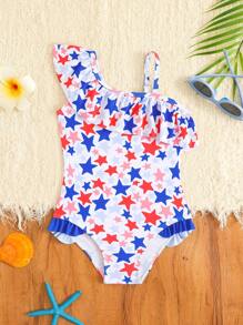 Young Girls Red And Blue Star Print Ruffled One-Piece Swimsuit,July 4th Swimsuit - Multicolor - View 3