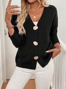 Áo len cardigan nữ màu trơn tối giản giản dị có khóa kim loại tròn trang trí, áo dài tay - màu đen - Xem 6