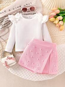 2pcs/Set Young Girl Ribbed Cap Sleeve Ruffle Hem 2 In 1 Beaded Shorts Autumn Outfit - Pink - View 8