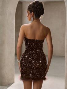 Chiquease Đầm dự tiệc bodycon hở vai cổ lông lấp lánh Đầm dự tiệc ngày lễ, Đầm dạ hội - Cà phê nâu - Xem 2