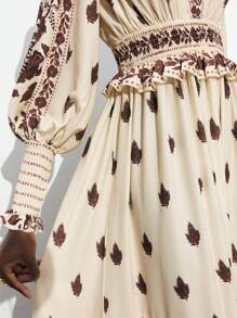 Maija Women V-Neck Long Sleeve Print Pleated Casual Dress Romantic, Fashion, Versatile; Suitable For Summer Vacation, Comfortable, Bohemian Style, Beach Wear, Swimsuit Cover-Up, Stylish, Elegant, Casual, , Simple Daily Wear, Country Style, Essential, Solid Color, Holiday Casual, Decent, Single Lady, Ideal For Vacation Elegant Fashion Business Casual Woman Going Out Tops Graduation Outfit European Summer Hawaii Outfits Women Summer Dresses For Women Streetwear Women Stockholm Style Teacher Outfits For Women