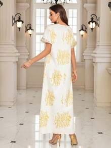 Al Najma Women's Elegant Long Metallic Printed Arabic Style Dress