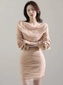 DAZY Women's Elegant Solid Color Mesh Draped Neck Fitted Mini Dress Elegant - Khaki - View 5