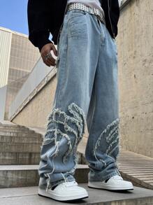 Manfinity EMRG Jeans casuales de pierna ancha con bolsillo remendado y deshilachado para hombres