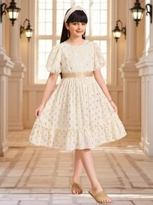 SHEIN Tween Girls' Elegant Ruffle Sleeve Dress - Gold - View 3