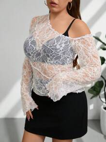 SHEIN Privé Blusa ajustada de patchwork con cuello asimétrico de encaje estilo bohemio para mujer talla grande