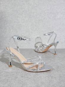 SHUZIA Women's Dressy Rhinestone Ankle Strap Round Toe High Heels Spring Shoes Spring Break Easter Prom Heels Wedding Shoes For Christmas - Silver - View 2