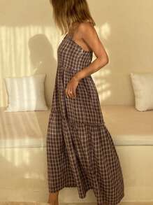 Livesso Retro Pattern Spaghetti Strap Dress With Ruffle Hem Patchwork Summer Sundress,Casual Women Dresses Plaid - Brown - View 5