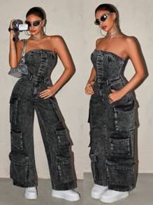 SHEIN ICON Women's Casual Washed Denim Jumpsuit - Dark Grey - View 7