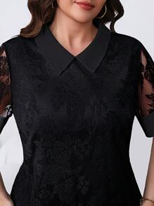 SHEIN Clasi Women's Peter Pan Collar Splicing Lace Sleeve Heterogeneous Fabric Contrasting Design Straight Fit Casual Slim Fit Short Sleeve Dress