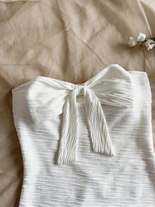 Soleia Vrouwen vakantie gebreide ivoor golvende textuur strikken decor taille gebonden bodycon mini jurk, geschikt voor feest, date, Valentijnsdag, Kerstmis, afternoon tea