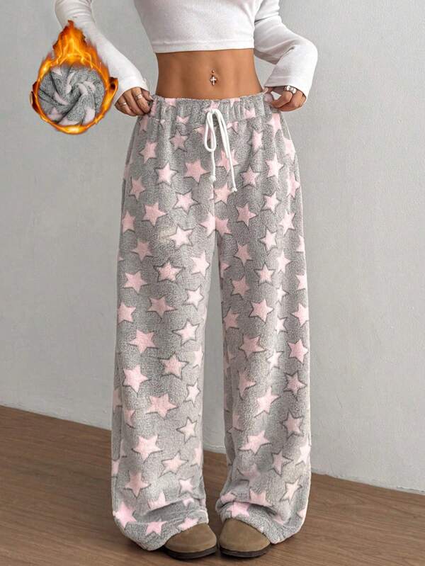 Flirla Christmas New Plush Print Comfortable Women Loose Straight Leg Pants