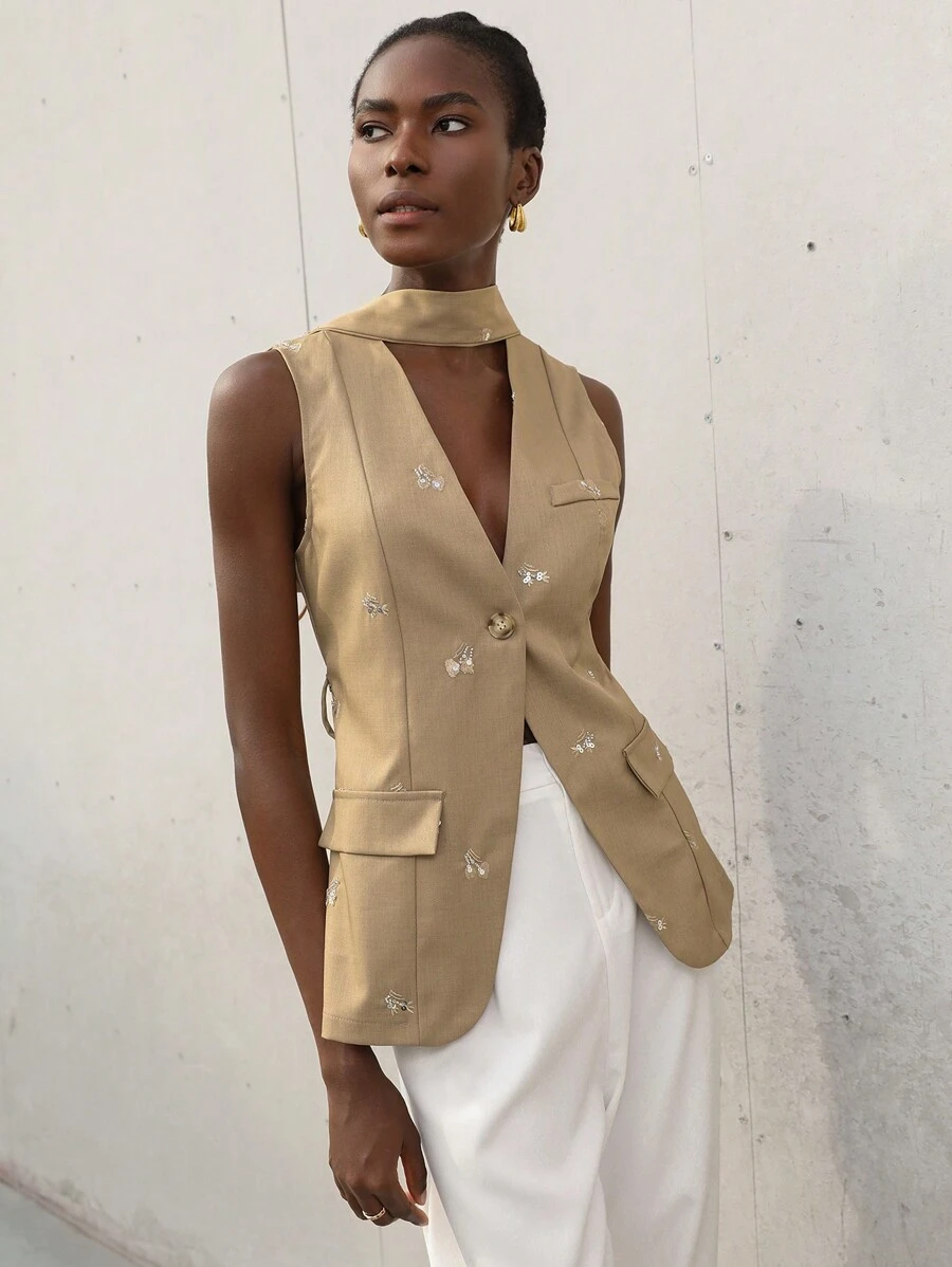 Aveloria Modichic Sophisticated Elegant High-End Commute Embroidered Vest With Matching Waist Belt, Mid-Length Suit Vest - Khaki - View 1