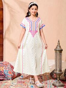 Tween Girl Casual Elegant & Cute Floral Tassel Decor Dress