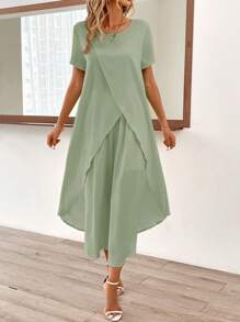 SHEIN Clasi 2pcs/Set Casual Solid Color Wrap Long Top And Long Pants