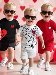 Set de 6 bucăți pentru copii, ocazional, confortabil, la modă, simplu și practic, set de tricou și pantaloni scurți, model moale de inimă și păianjen, potrivit pentru primăvară/vară și sărbători precum Ziua Îndrăgostiților"