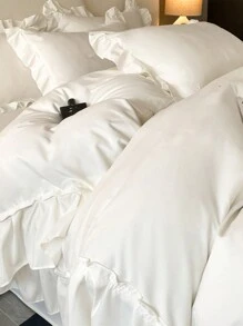 3pcs White Ultra-Soft Skin-Friendly Ruffle Floral Bedding Set - 1 Duvet Cover, 2 Pillow Shams, Excluding Filling, Machine Washable