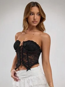 SHEIN BAE Black Lace Tube Top, Bow Decoration On The Hem, Front Center Straps With Adjustable Slim Fit Vacation Travel Crop Top, Music Festival Corset Top