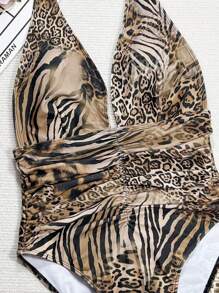 Swim SXY 1 件女式动物皮印花露背连体泳衣，适合夏季海滩度假