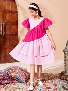 Tween Girl' Casual Adorable Resort Colorblock Layered Cap Sleeve Dress