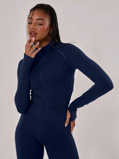 Musera Sport Stitched Seam Detail Cropped Long Sleeve Full Zip Mock Neck Jacket , Padel, Tennis, Pickleball Gym Fitness Fall Winter Christmas