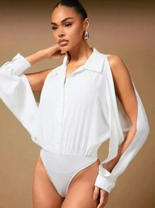 Hauture Summer Women Outfit, Women Clothes, Women's Sophisticated Elegant Fashionable Sexy White Solid Color Hollow-Out Long Sleeve Bodysuit, Women Bodysuits, Women Blouses, Long Sleeve Top, White Top, Old Money, Daily, Office Women Outfits, Business Casual Women, Formal Top