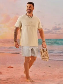 EASEVO Camiseta de punto de manga corta con cuello redondo y estampado de letra en relieve para hombres de talla grande
